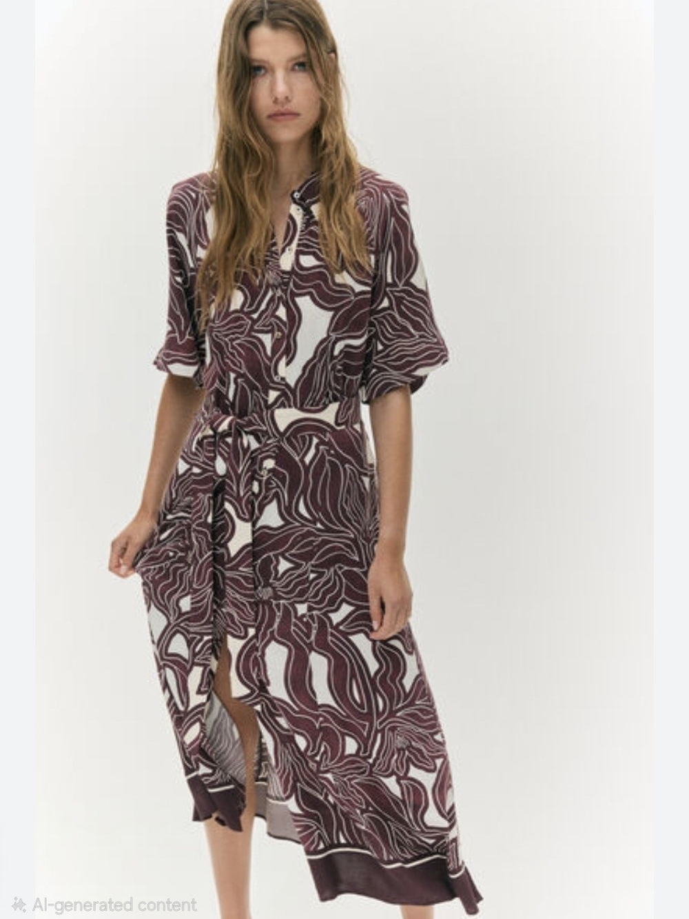 H&M calf-length shirt dress in a mahogany brown and cream pattern with a tie wai